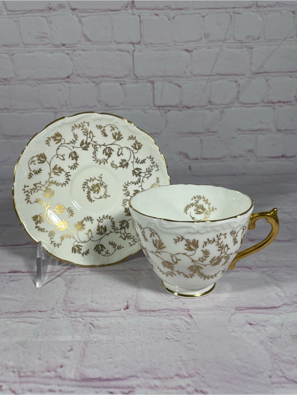 Vintage Coalport Bone China Gold Floral Vines Footed Teacup and Saucer Set